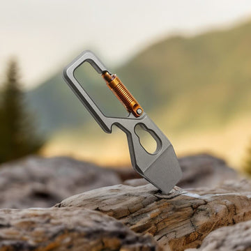 Multitool carabiner with bottle opener on a rock with a blurred natural background